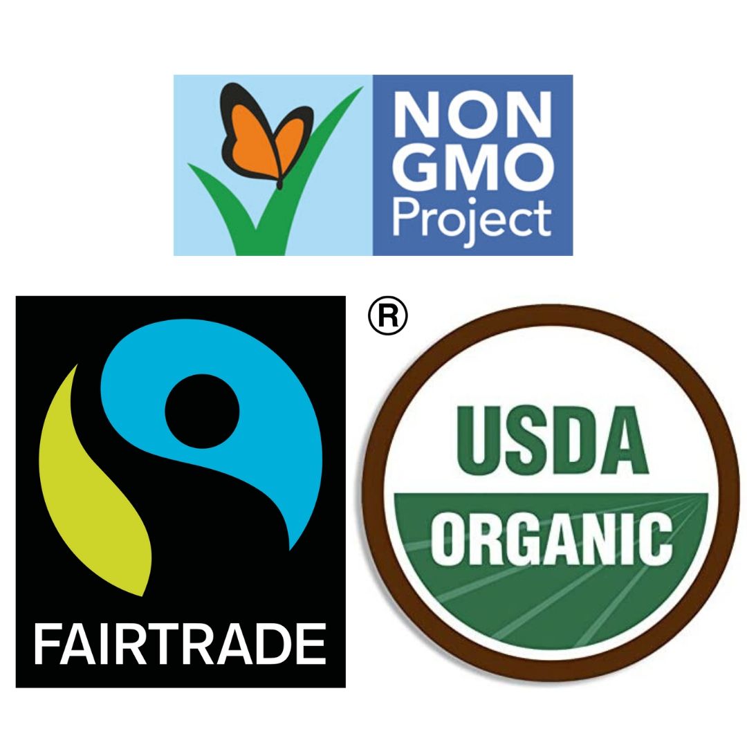 Fairtrade, NonGMO Project and USDA Organic Symbols. All used on socially responsible products.