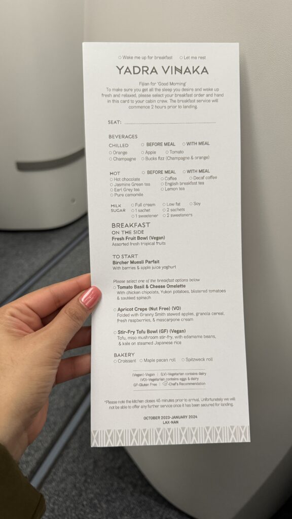 menu of Fiji Airways